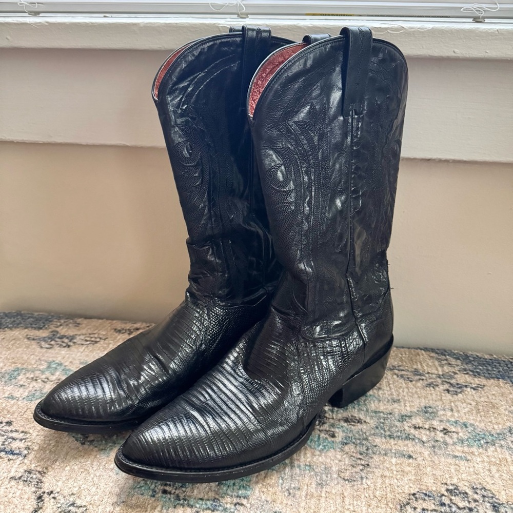 Vintage Dan Post Black Black Leather/ Lizard Western Cowboy Boots size 11 Men’s - Picture 1 of 12